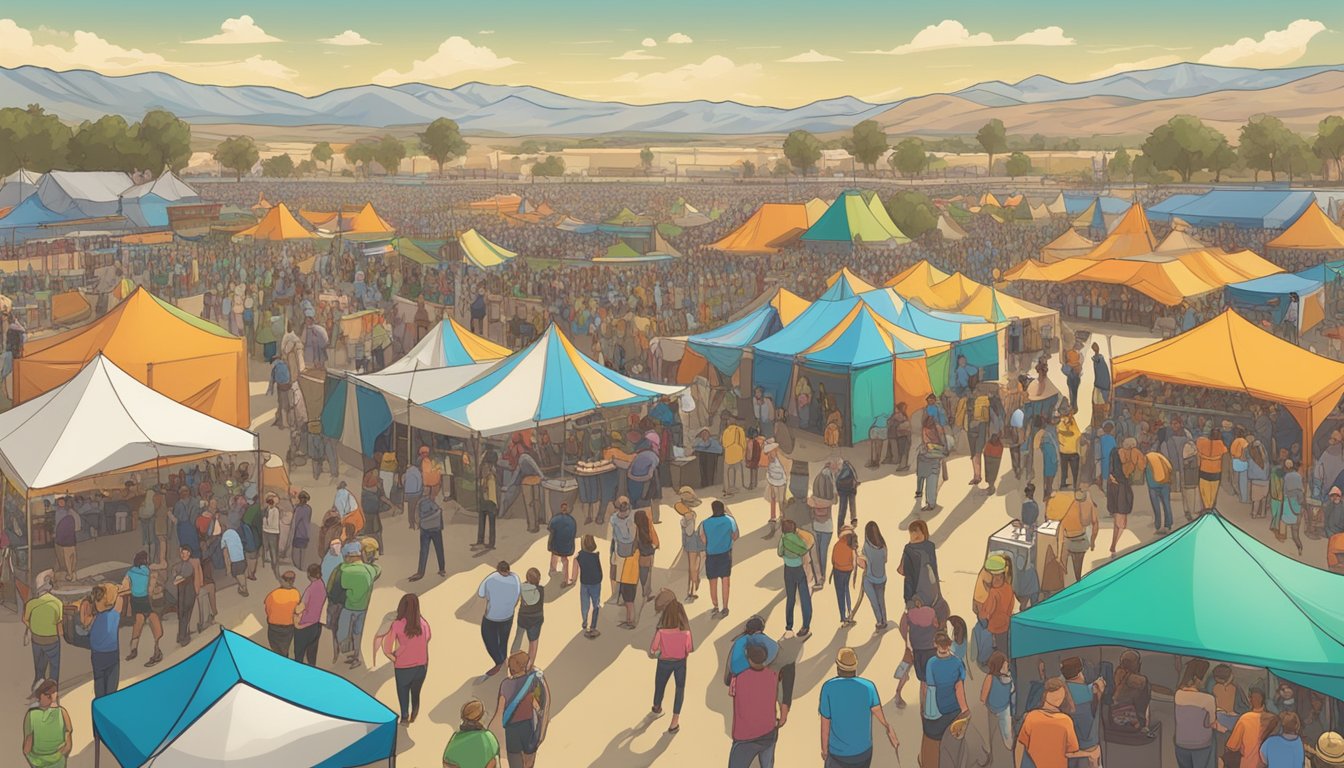 A bustling craft beer festival in Hesperia, with rows of colorful tents and a lively crowd sampling various brews