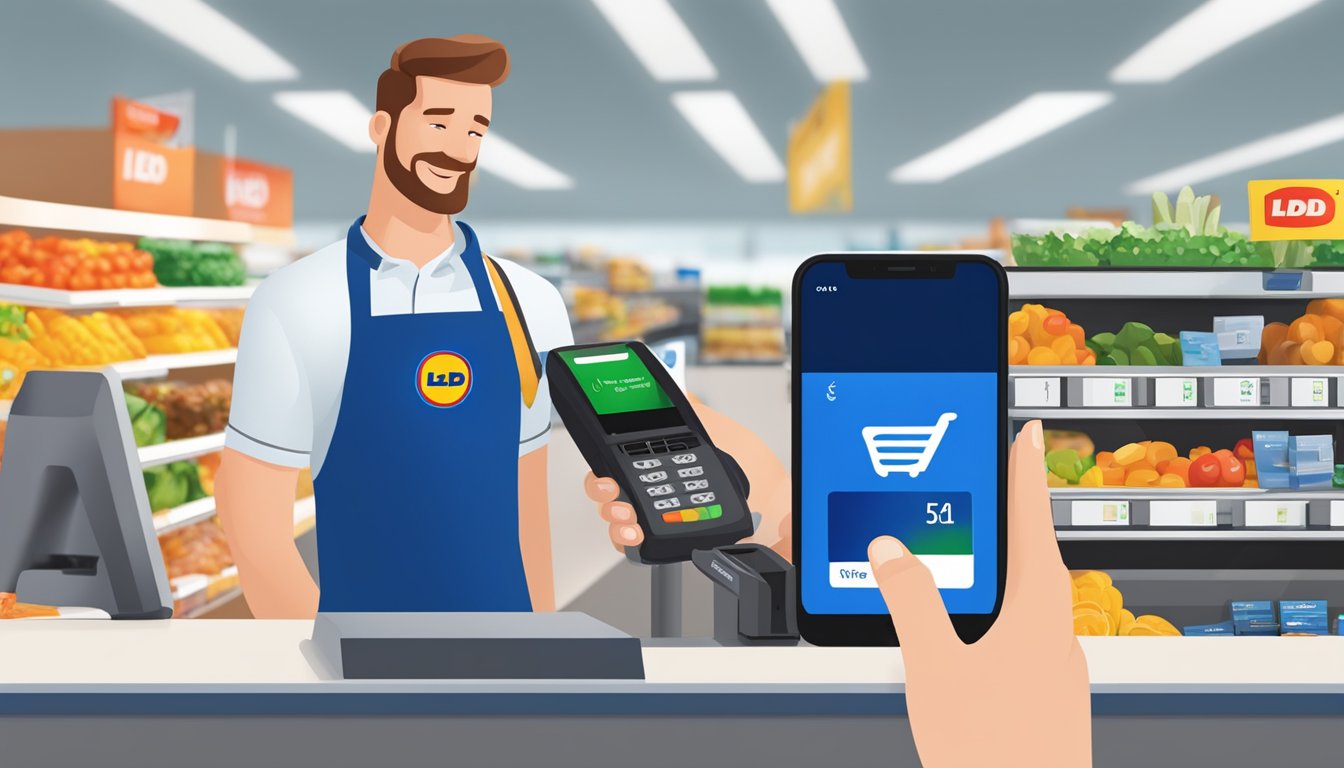 A customer holds a phone over a payment terminal at Lidl, with the Apple Pay logo displayed on the screen. The cashier watches as the transaction is processed