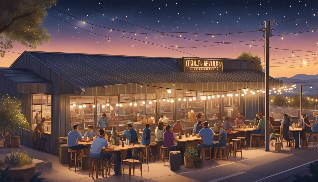 A bustling craft brewery with outdoor seating and a view of the El Cajon landscape. Patrons enjoy local brews under string lights and a starry sky