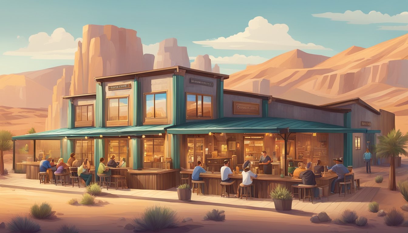 A group of colorful brewery buildings nestled among the desert landscape, with outdoor seating and people enjoying craft beer