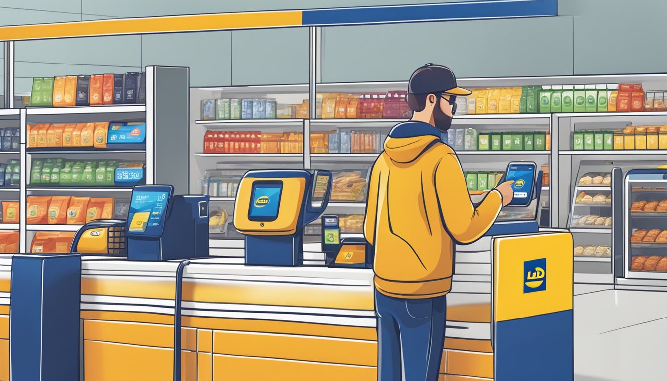 A customer holds a smartphone near a contactless payment terminal at a Lidl checkout counter