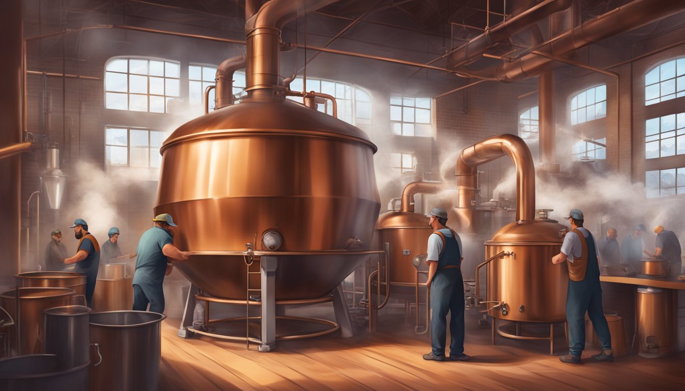 Steam rises from a large copper brewing kettle as ingredients are added by workers in a bustling craft beer brewery