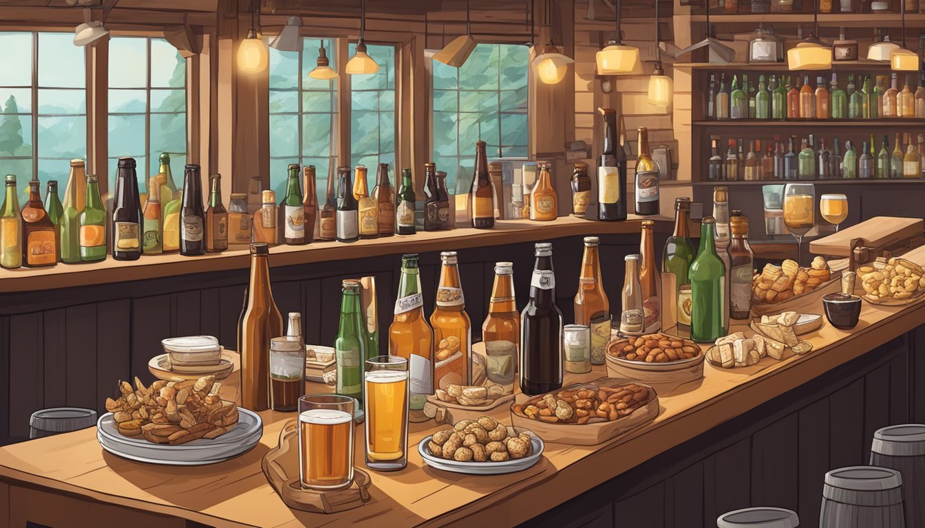 A cozy bar scene with a variety of craft beer bottles and glasses, surrounded by plates of artisanal snacks and small bites