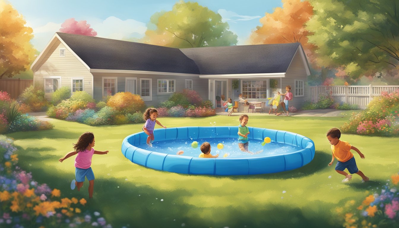 A sunny backyard with a colorful Safeway kiddie pool surrounded by happy children splashing and playing