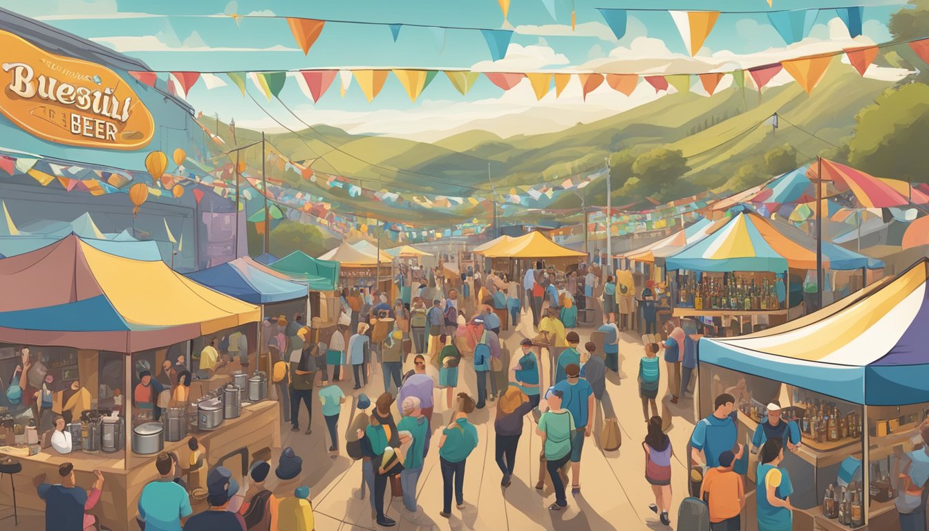 A bustling craft beer festival with colorful banners and diverse breweries showcasing their unique brews in Daly City, CA