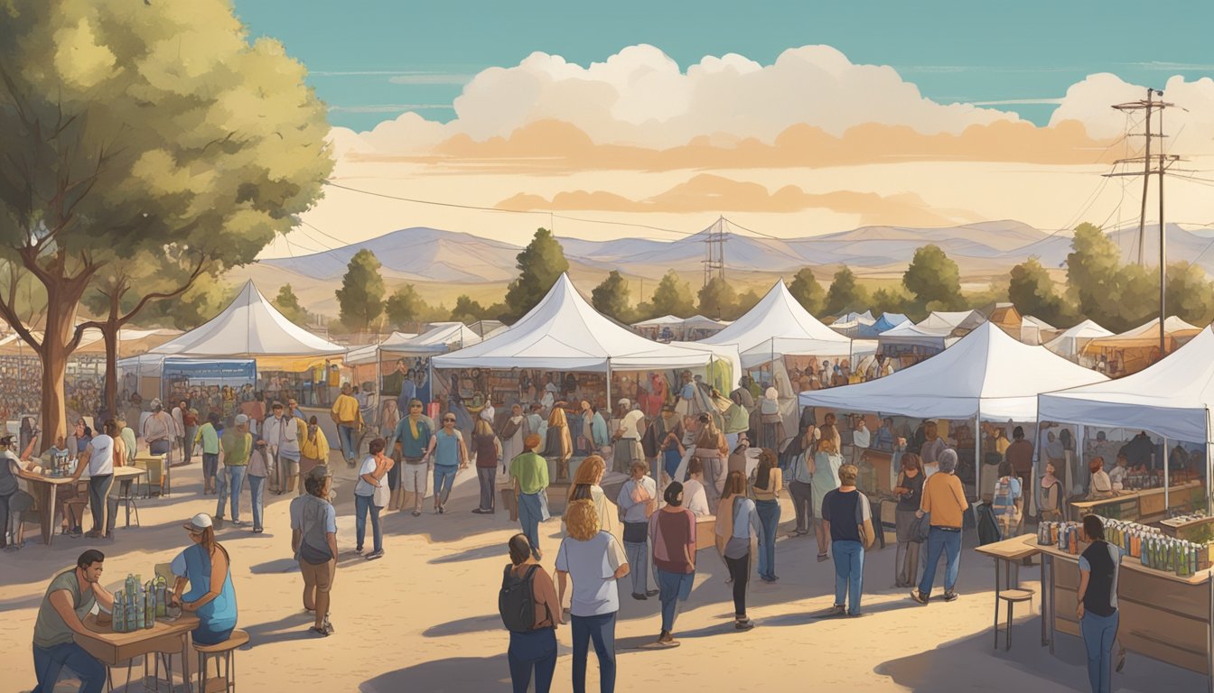 A bustling outdoor beer festival with rows of tents, live music, and people sampling craft beers in Hesperia, CA