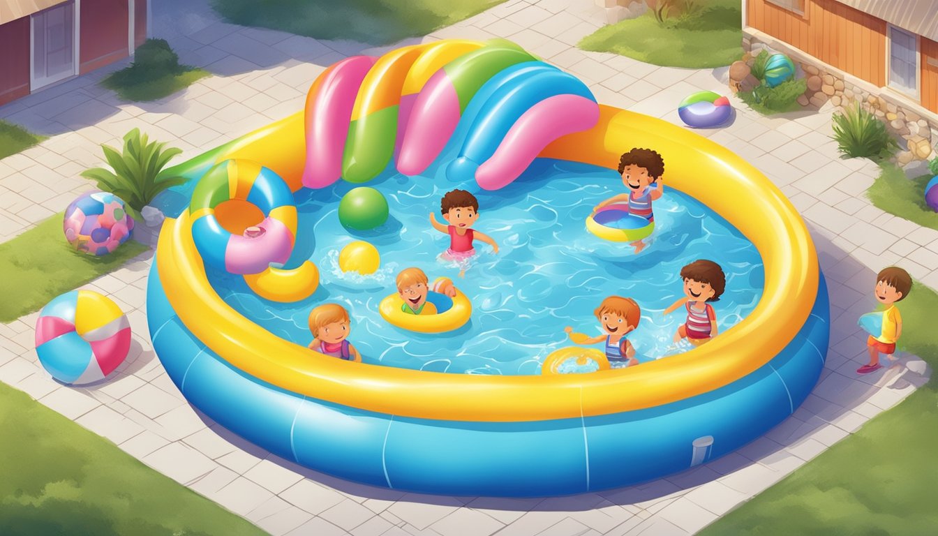 A colorful kiddie pool surrounded by happy children splashing and playing with inflatable toys