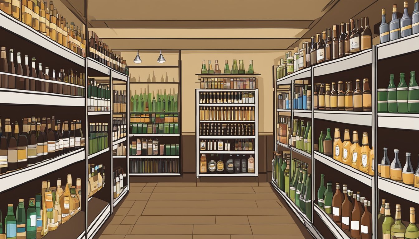 A bustling local wine and spirits store in Daly City, CA, with shelves stocked with a variety of craft beers, wines, and spirits from the area