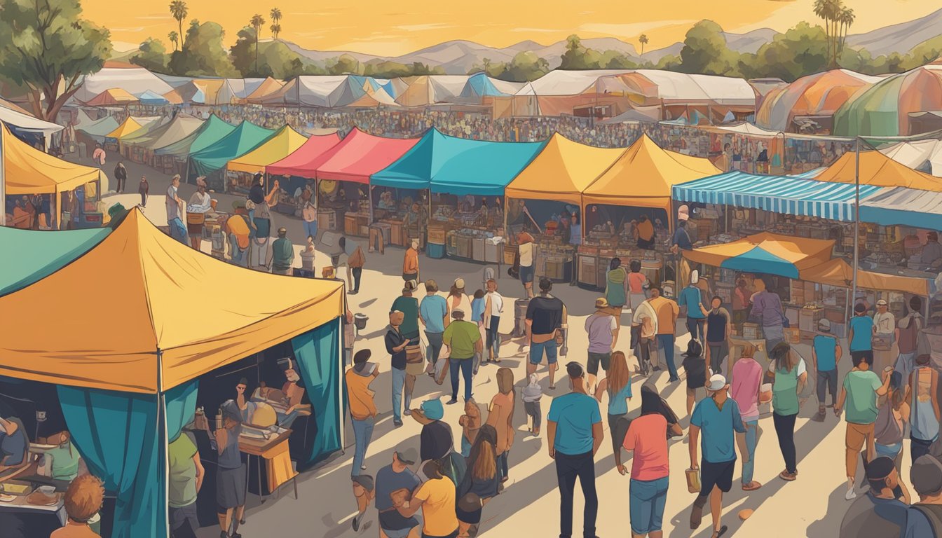 A bustling local craft beer festival in El Cajon, CA, with colorful tents, live music, and people enjoying the various beer tastings and food vendors