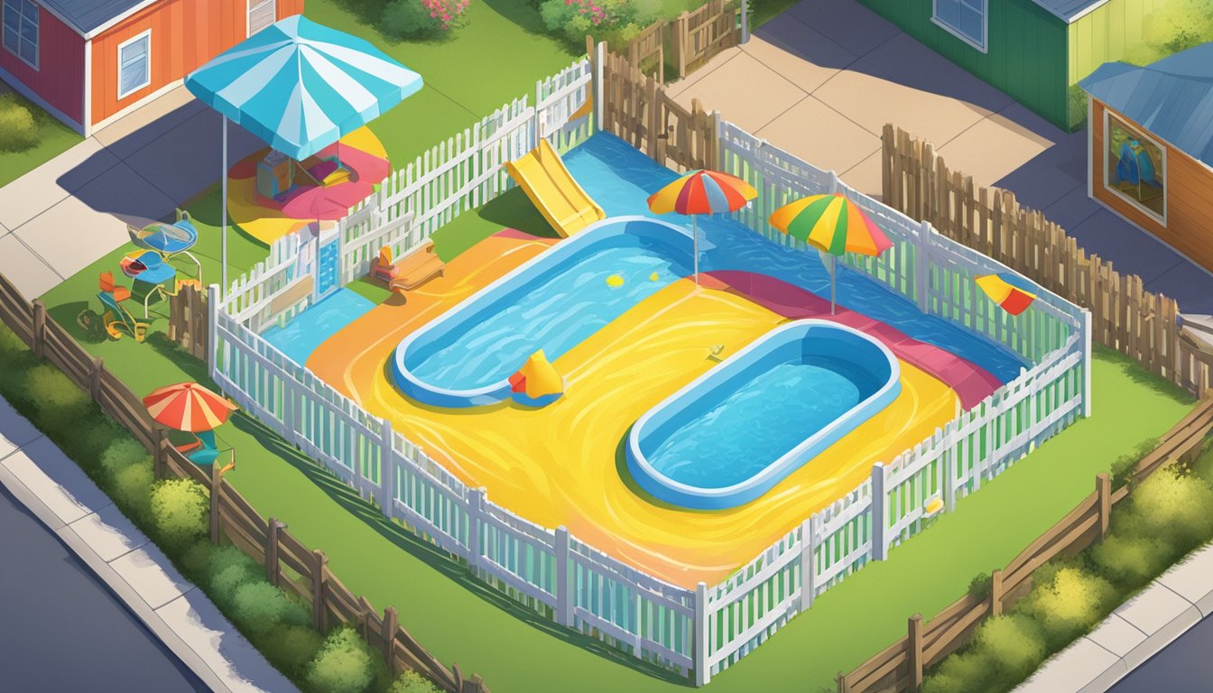 A bright, colorful kiddie pool surrounded by a fence and safety signs. Clear, calm water reflects the sunny sky