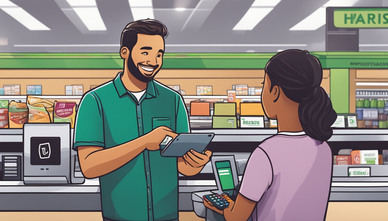 A person uses their phone to pay at a Harris Teeter checkout counter. The cashier smiles as the transaction is completed