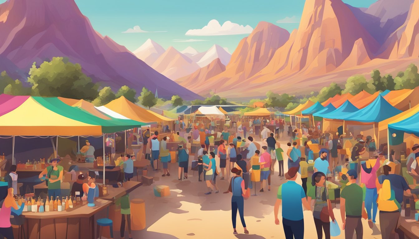 A bustling craft beer festival with colorful booths and lively music, surrounded by mountains and desert landscape