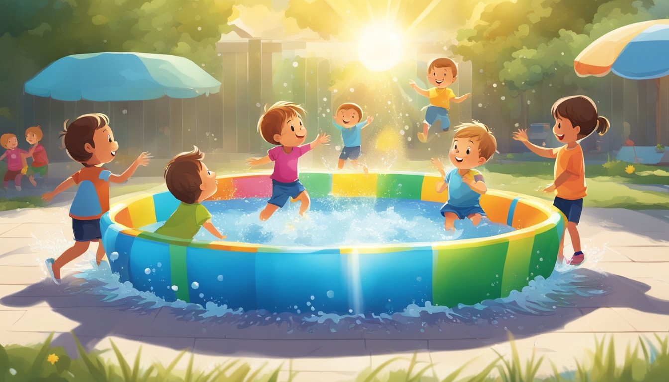 A colorful kiddie pool filled with water, surrounded by happy children playing and splashing, with bright sunshine overhead