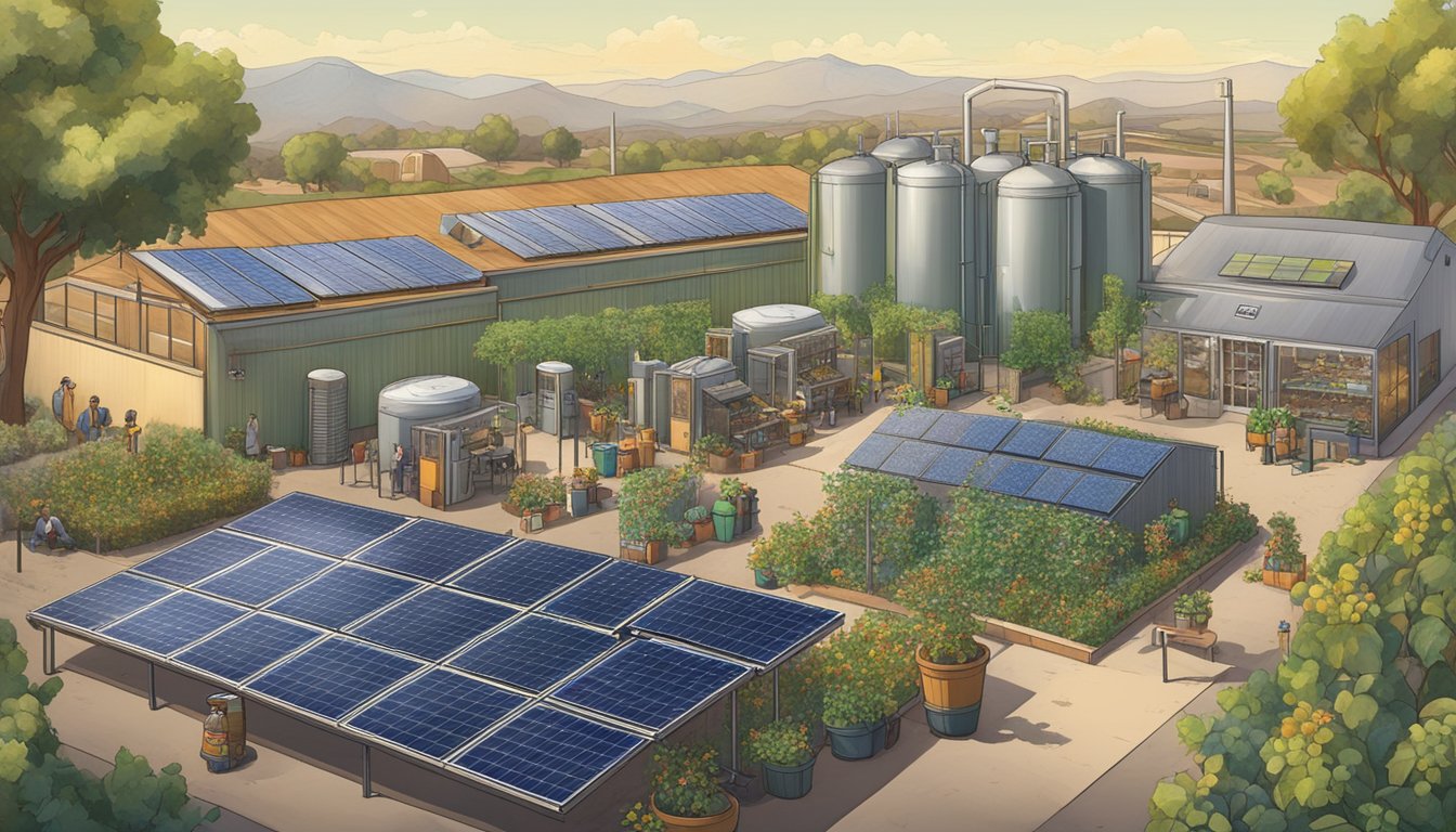 A bustling brewery in El Cajon, CA, with solar panels, recycling bins, and a lush garden. Bees buzz around hop vines, and workers compost spent grains