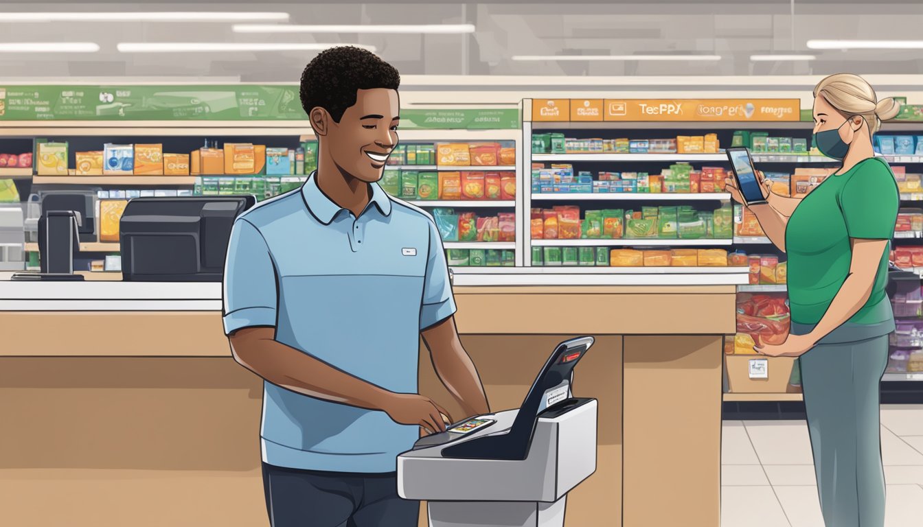 A customer holding a smartphone with the Apple Pay app open, standing in front of a Harris Teeter checkout counter