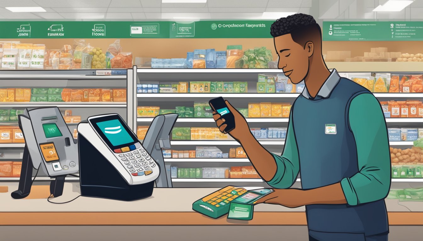 A customer at Harris Teeter uses their phone to make a contactless payment at the checkout counter, while other retailers' payment methods are shown nearby