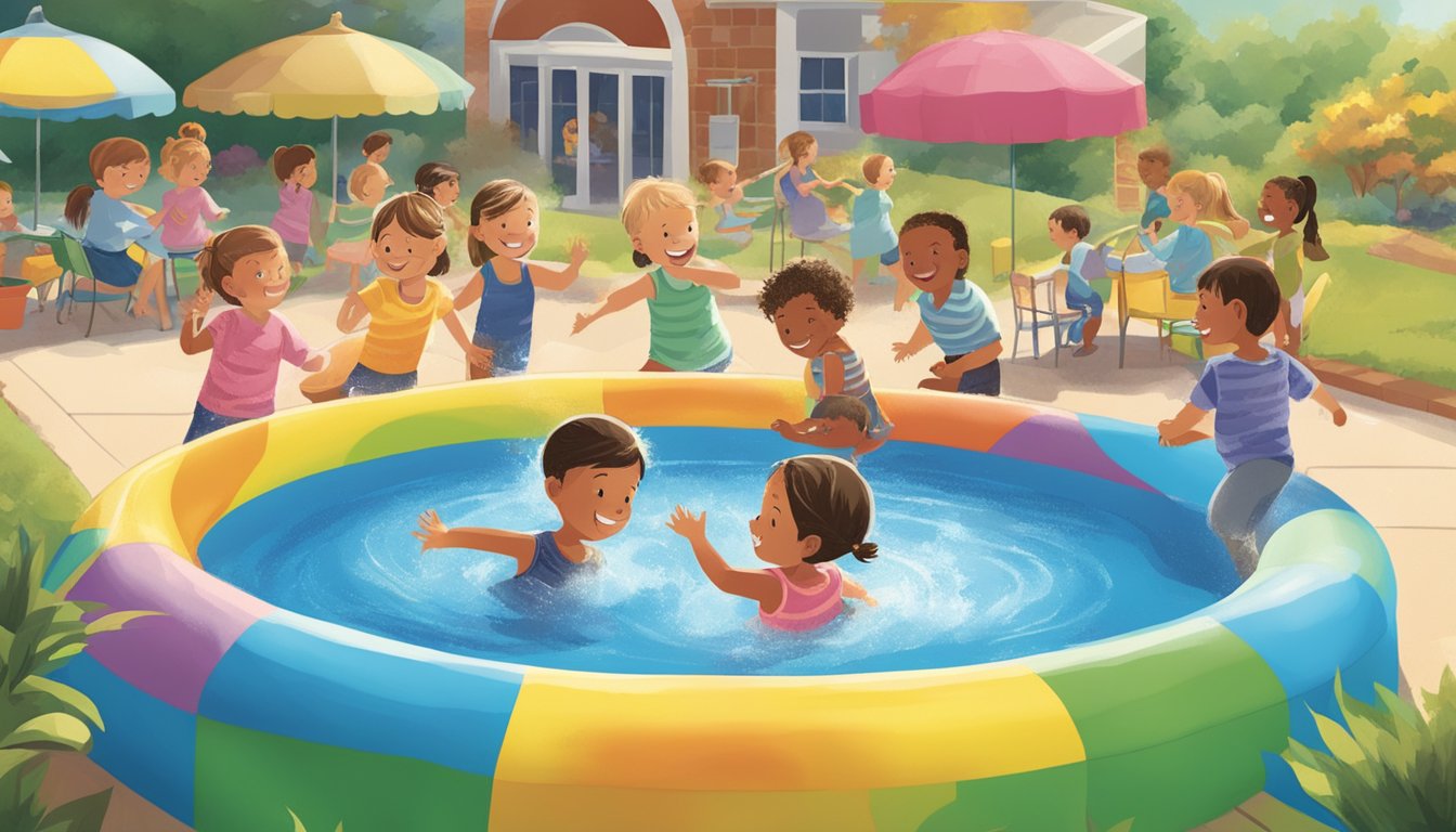 Children playing in a colorful kiddie pool with the Safeways logo prominently displayed. The pool is surrounded by happy families and bright, sunny weather