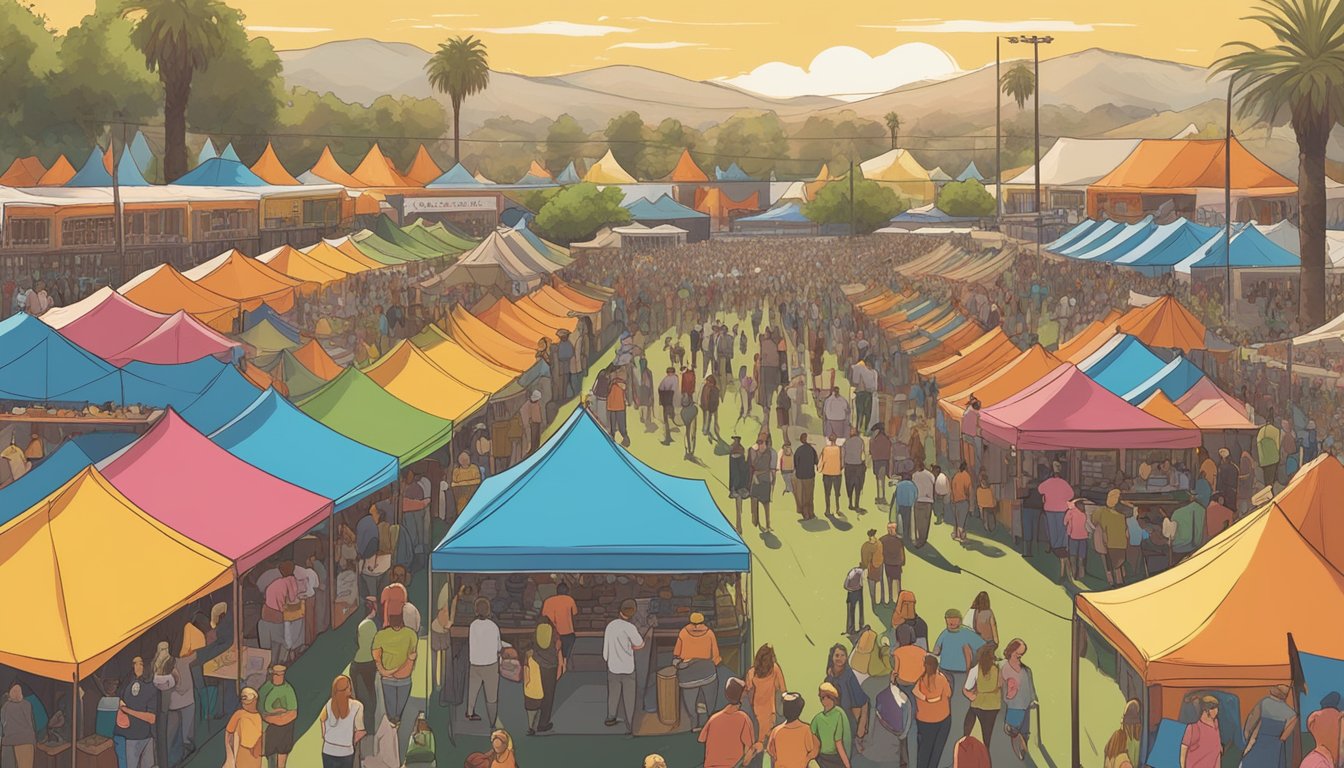 A bustling craft beer festival in El Cajon, CA, with rows of colorful tents and crowds of people sampling different brews