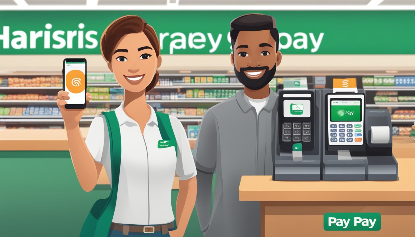 A customer holding a phone with an Apple Pay logo in front of a Harris Teeter payment terminal, with a customer support representative nearby