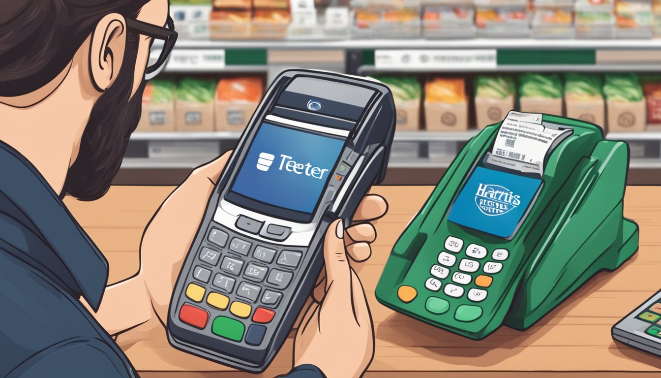 A customer holds a phone near the payment terminal at a Harris Teeter store, with the Apple Pay logo visible on the screen