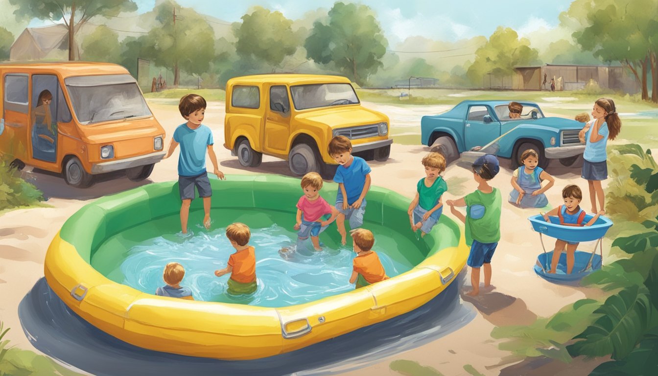 A group of children are using a kiddie pool as a makeshift boat, while others are using it as a giant water basin for their toy cars and trucks