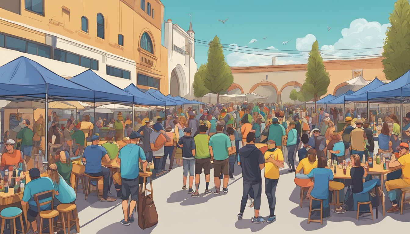 A bustling craft beer festival with various local breweries showcasing their unique brews in El Monte, CA. Tables adorned with colorful tap handles and patrons sampling different beers