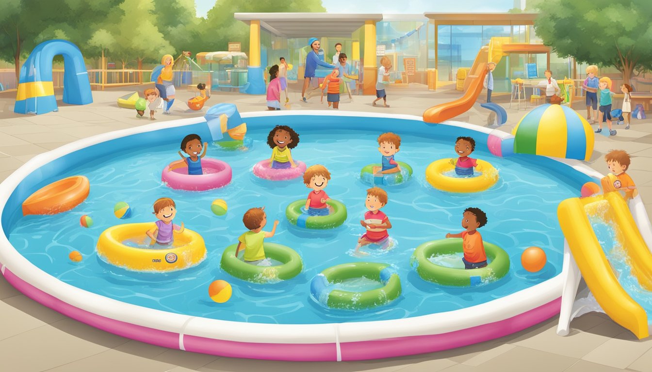 Children playing in Safeways kiddie pools, surrounded by safety equipment and signs from expert organizations