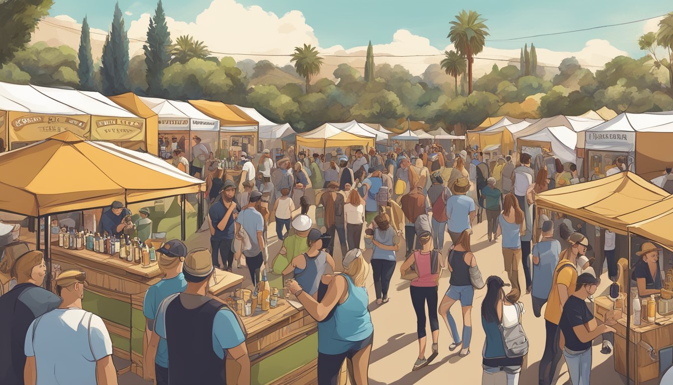 A bustling craft beer festival in Irvine, CA, with a variety of breweries showcasing their unique brews. Patrons mingle, sample beers, and enjoy live music in the sunny outdoor setting