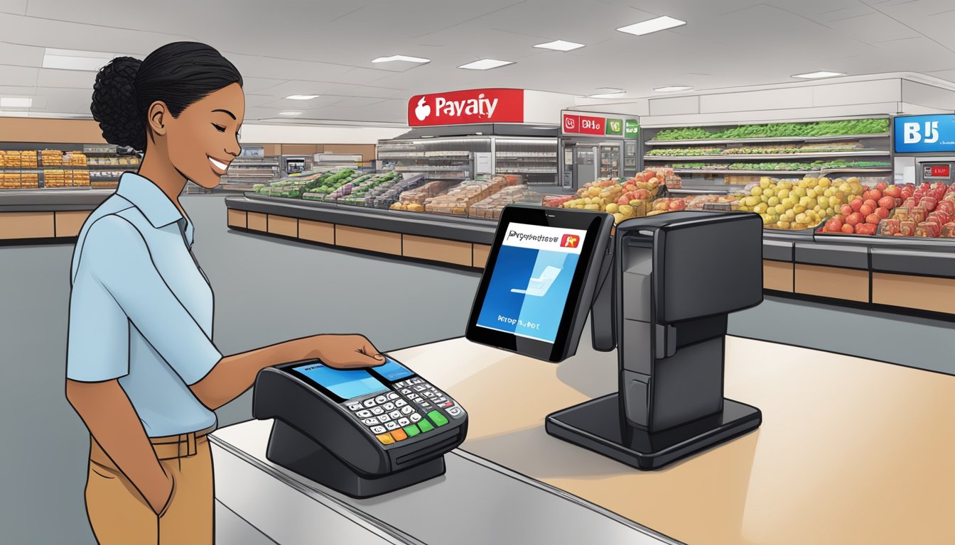 A customer at the BJ's Wholesale Club checkout counter holds an iPhone near the payment terminal, with the Apple Pay logo displayed on the screen