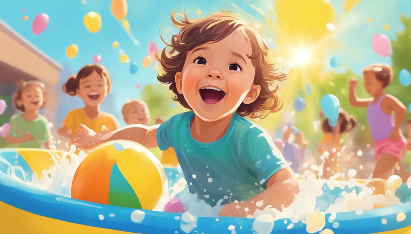 A joyful child splashes in a colorful, affordable kiddie pool on a sunny day. The pool is surrounded by happy, engaged parents and other children