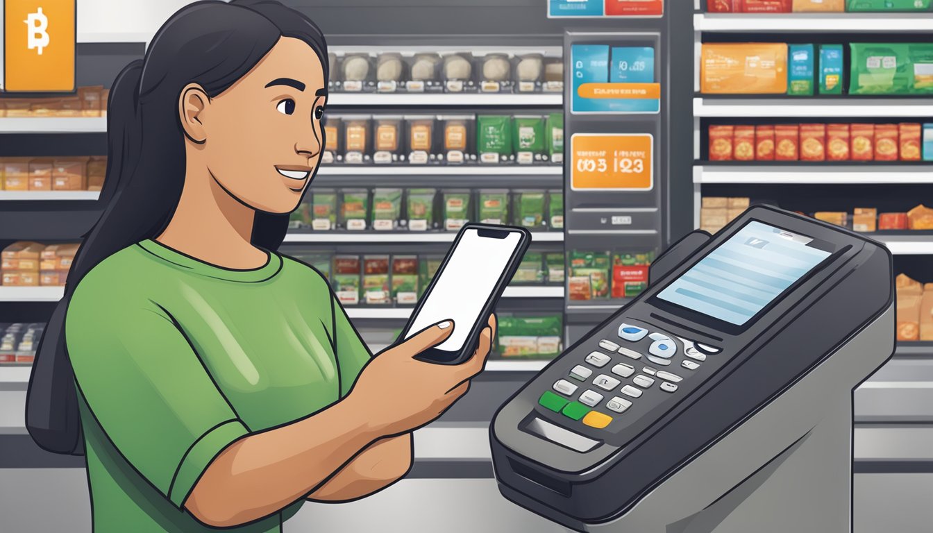 A customer holding a smartphone near a payment terminal at a BJ's Wholesale Club, with a digital wallet app displayed on the screen