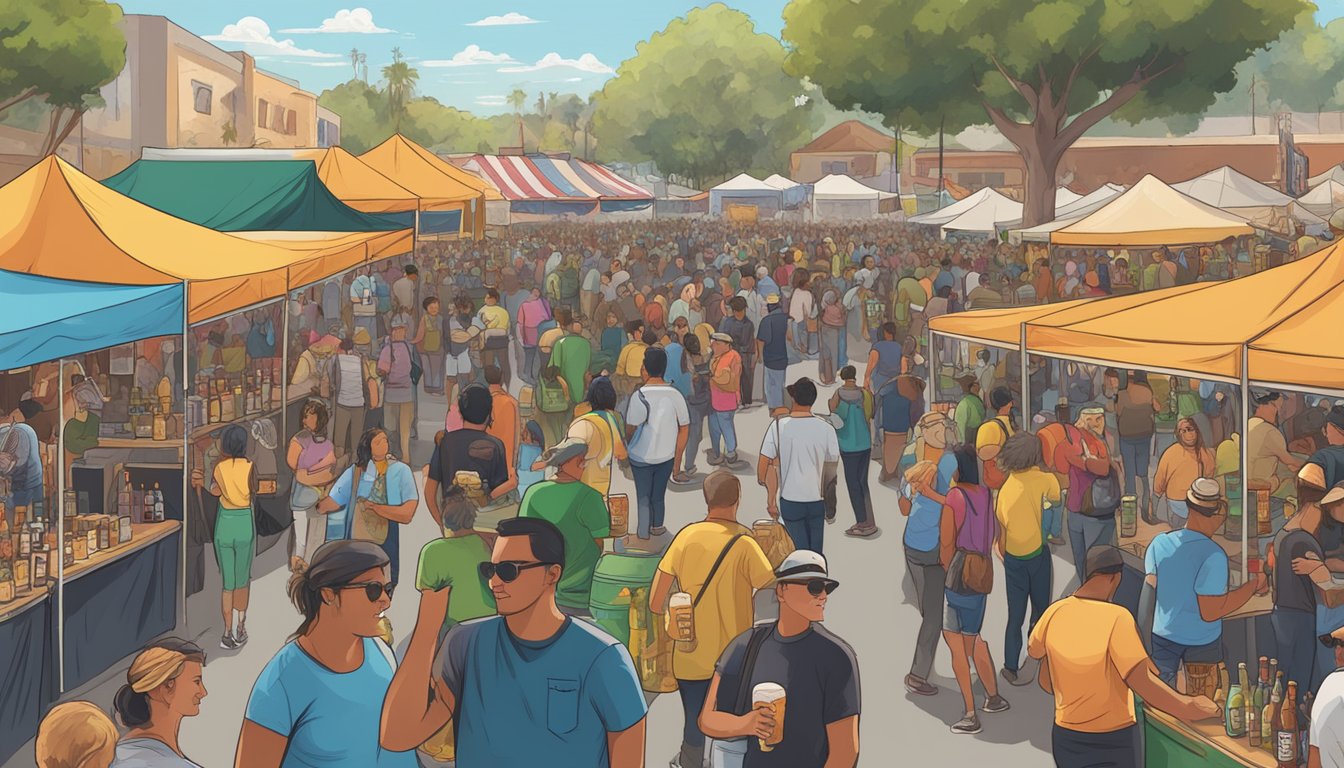 A bustling craft beer festival in El Monte, with rows of colorful vendor booths and a lively crowd sampling various brews