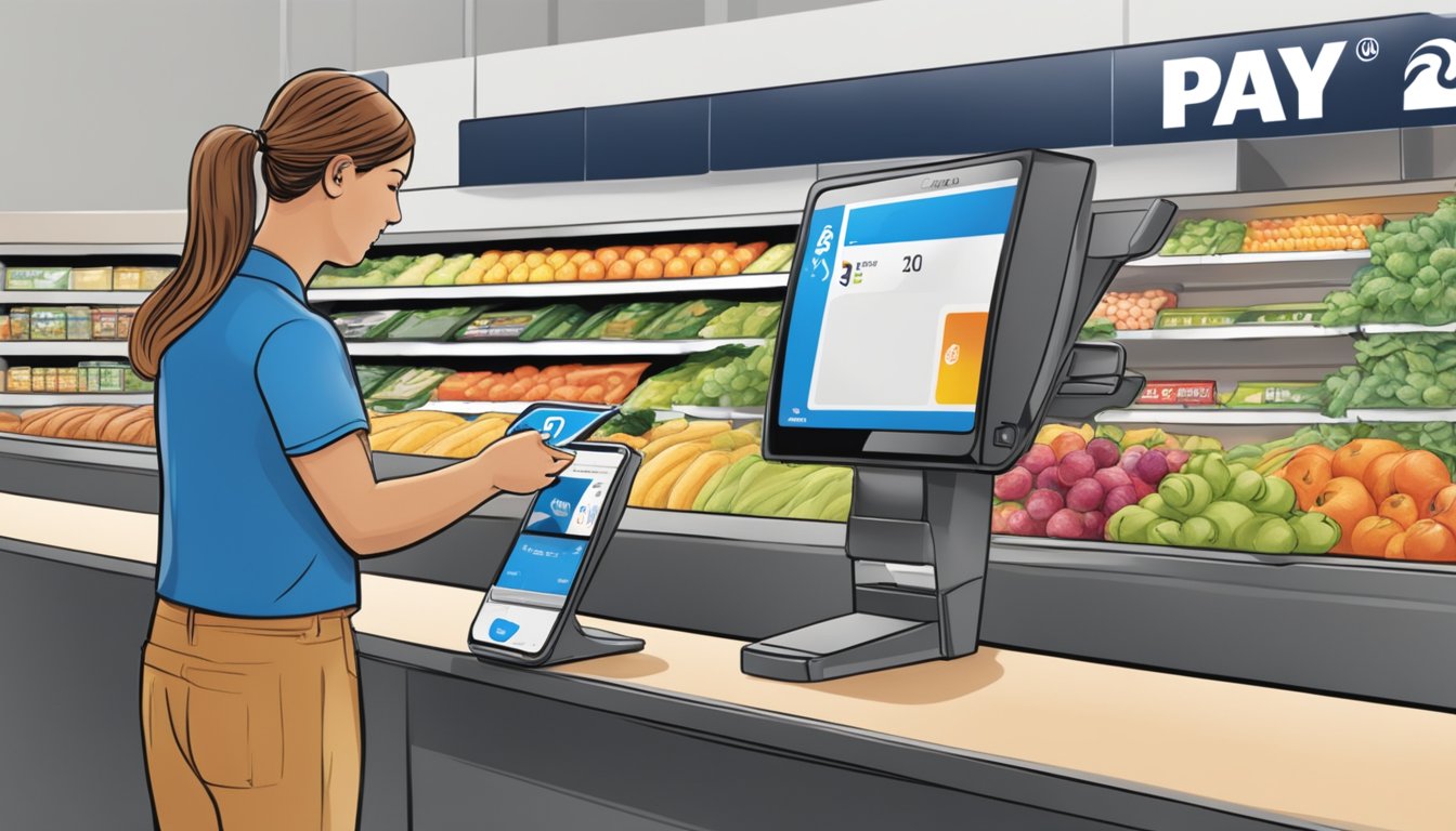 A person using Apple Pay to purchase groceries at a Food Lion checkout counter