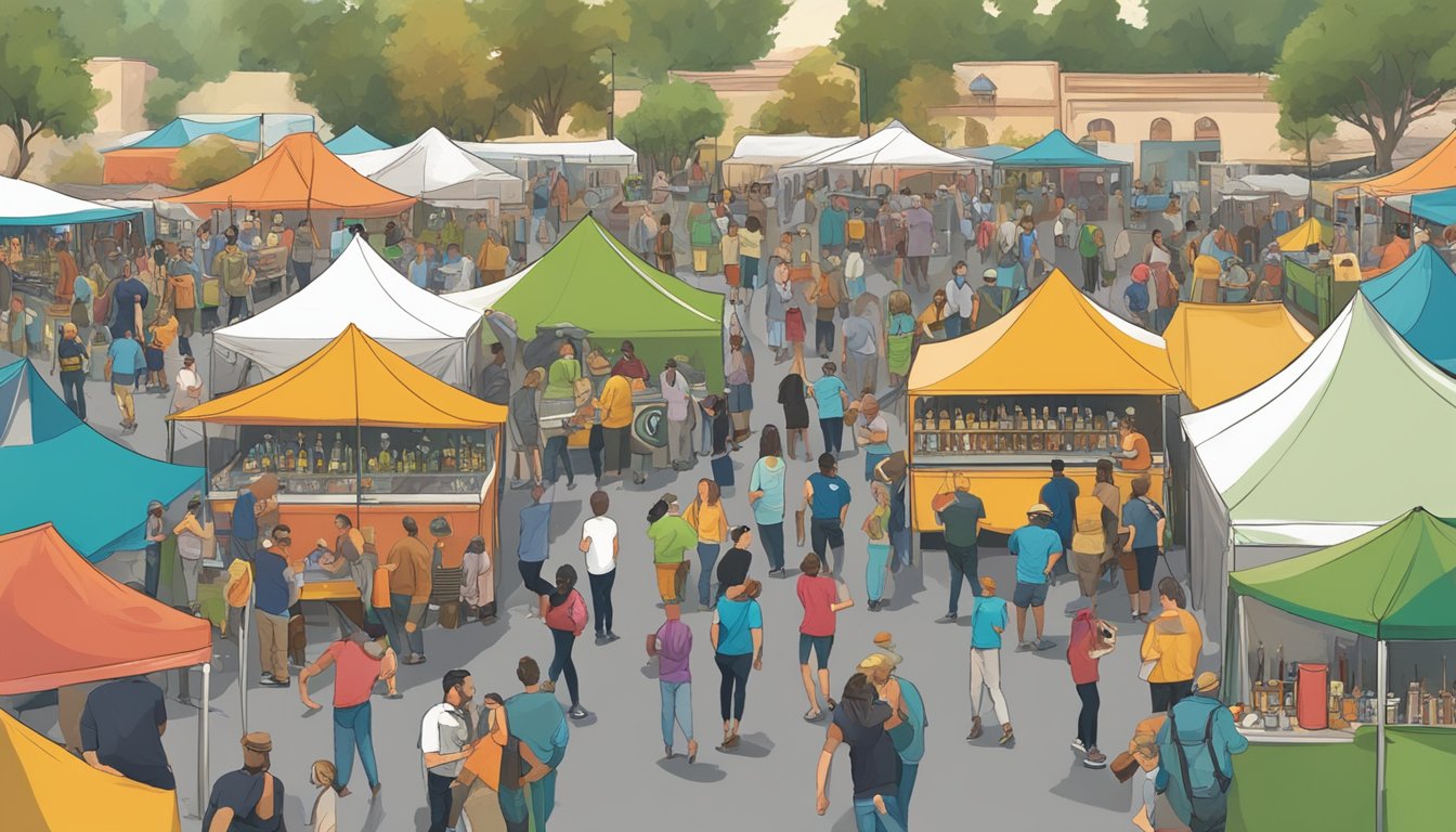 A bustling craft beer festival in Escondido, with colorful tents, food trucks, and live music. Patrons sample various brews and engage in lively conversations