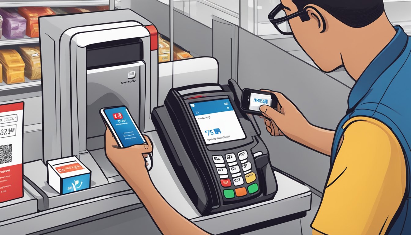 A customer holds an iPhone near the contactless payment terminal at the BJ's Wholesale Club checkout counter. The cashier watches as the transaction is completed with Apple Pay