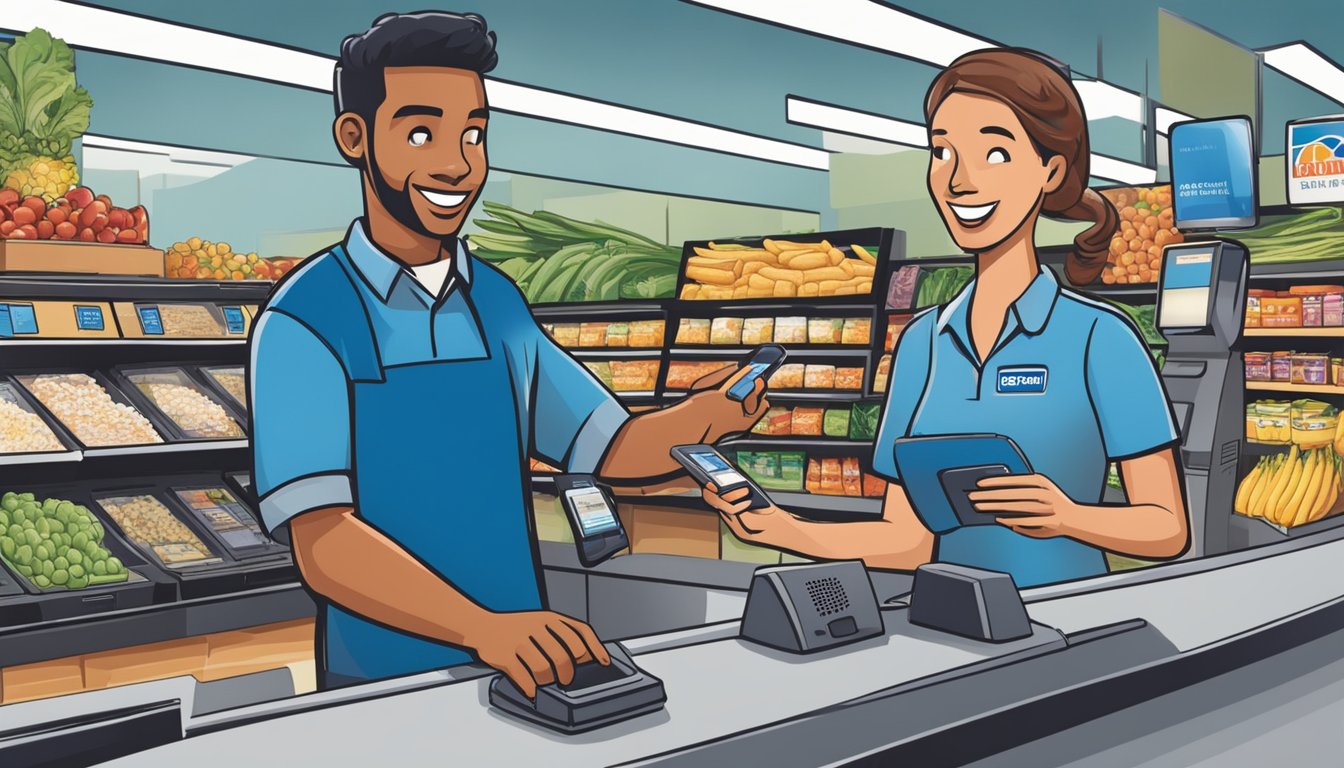 A customer tapping their phone on the payment terminal at Food Lion, while a cashier watches