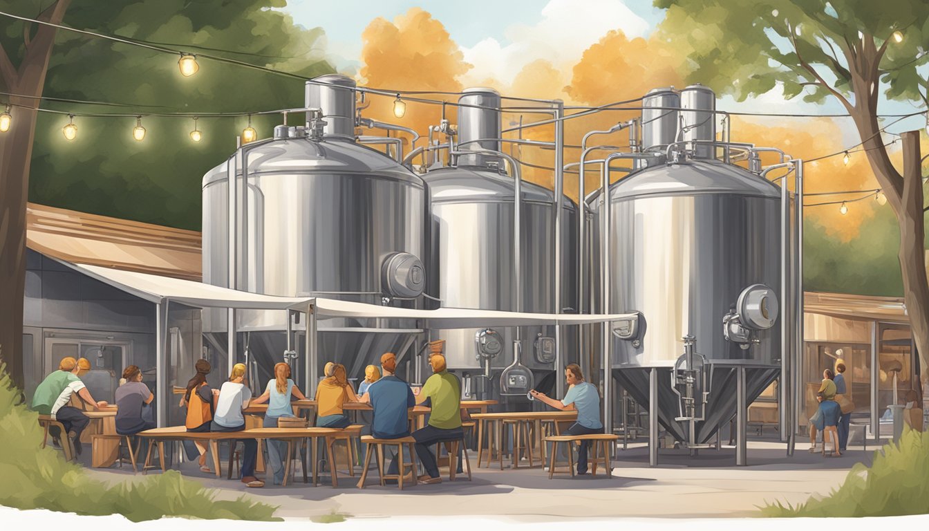 A bustling local craft brewery with patrons enjoying pints at picnic tables under string lights, while a brewer tends to large stainless steel fermenters