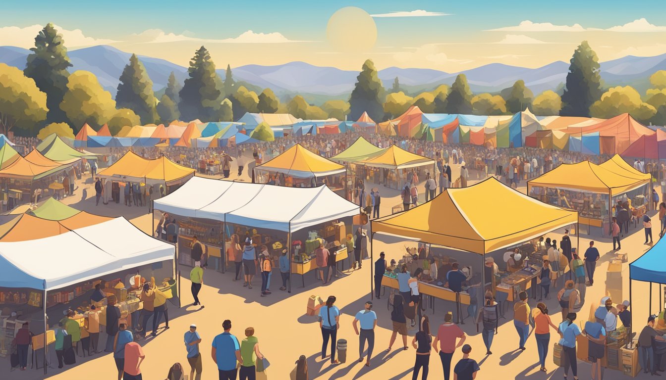 A bustling craft beer festival with colorful tents, live music, and rows of beer taps under a sunny California sky