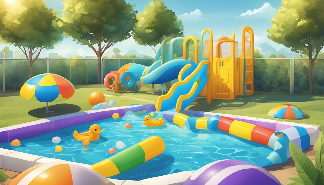 A colorful kiddie pool surrounded by safety barriers, with toys and floaties scattered around, under the bright sun