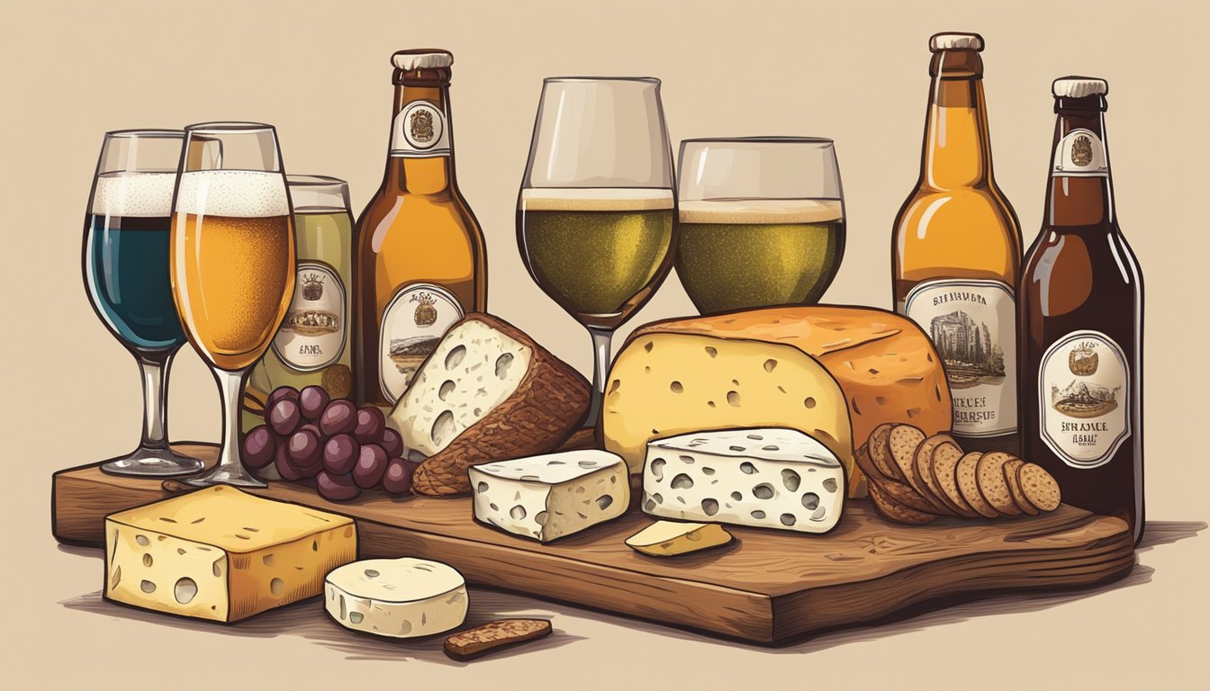 A table set with a variety of artisanal cheeses, charcuterie, and fresh bread, accompanied by a selection of colorful craft beer bottles and glasses