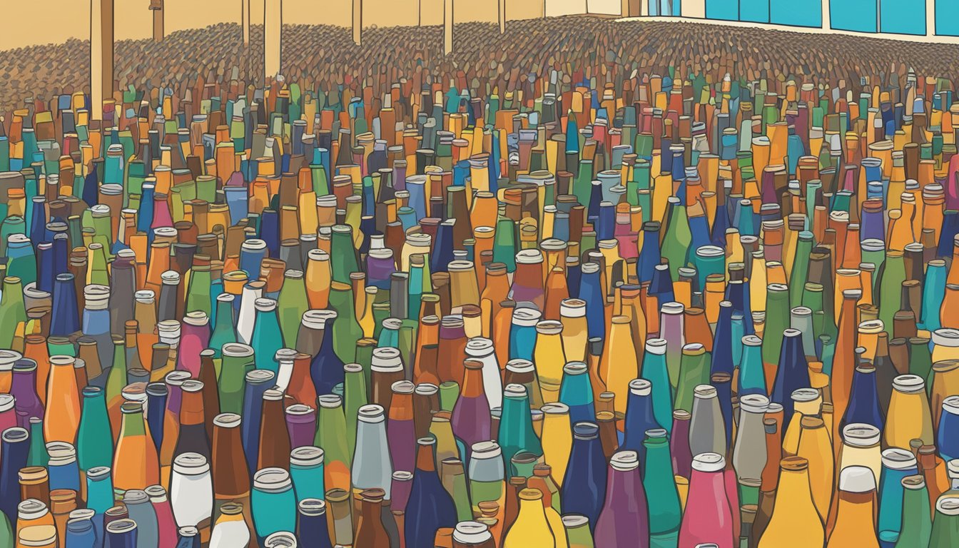 A bustling craft beer selection event in Escondido, CA, with rows of colorful beer bottles and people sampling different brews