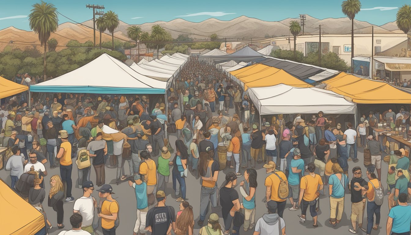 A bustling craft beer festival in El Monte, with local breweries showcasing their unique flavors and styles, drawing in crowds of enthusiastic beer enthusiasts