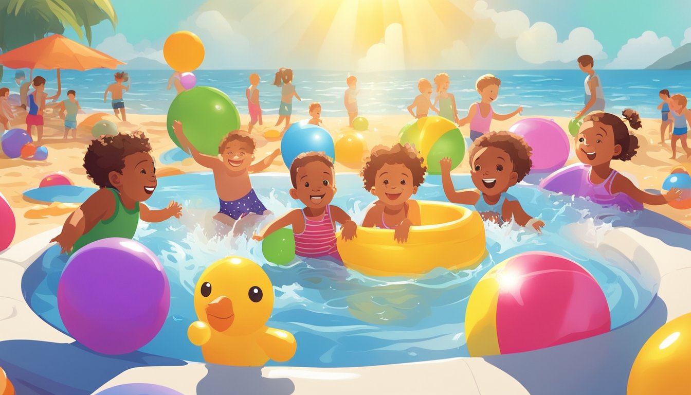 Children splashing in colorful kiddie pools, surrounded by inflatable toys and beach balls, with a bright sun shining in the background