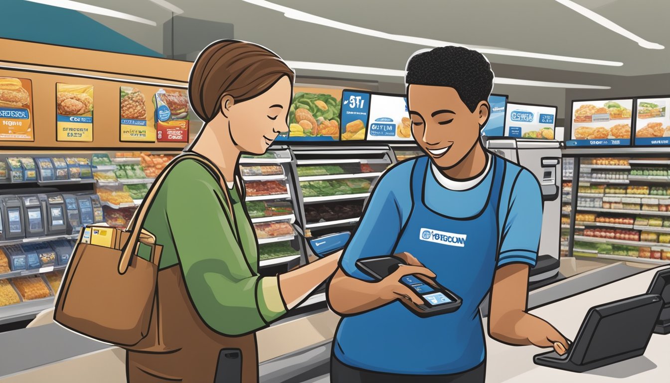 A customer taps their smartphone on the payment terminal at Food Lion, while a cashier looks on. The store logo is visible in the background