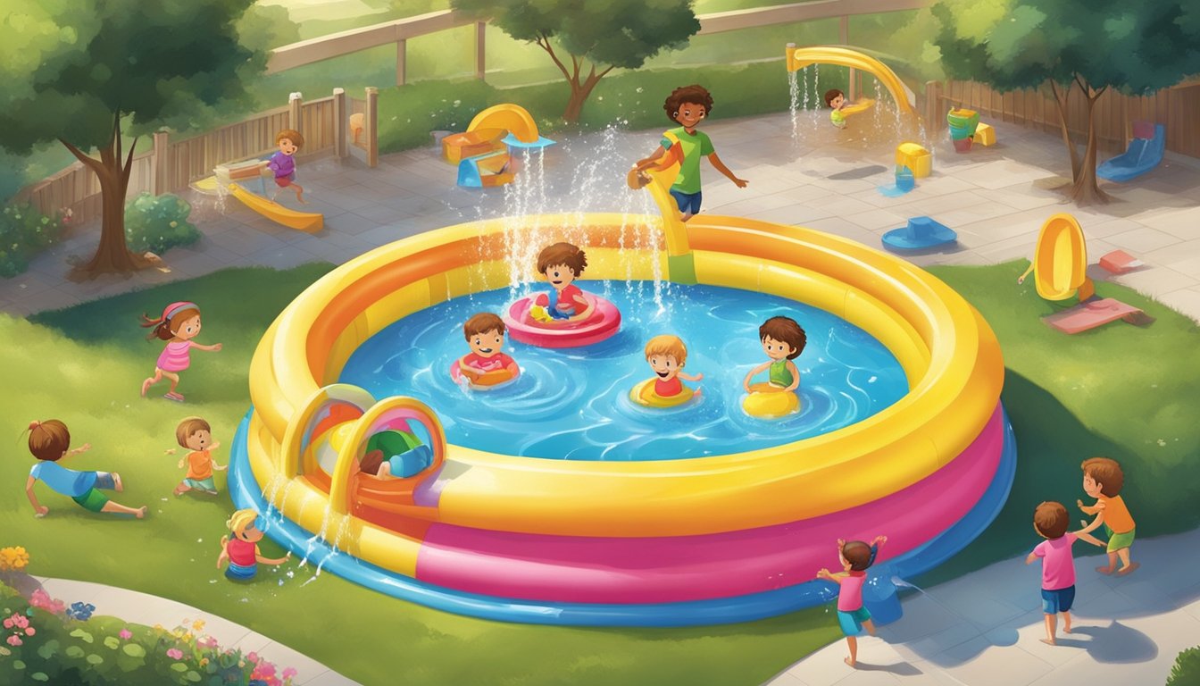 A colorful kiddie pool with built-in water sprayers and slide, surrounded by happy children playing and splashing in the water