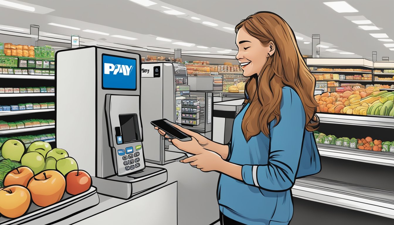 A customer holds a phone near the Apple Pay terminal at a Food Lion checkout