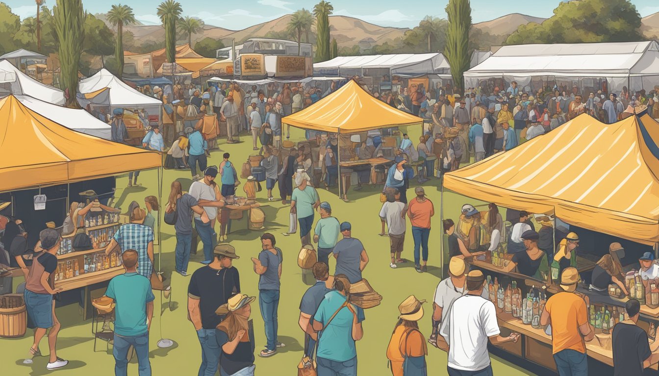 A bustling craft beer festival with vendors promoting local brands and merchandise in Escondido, CA