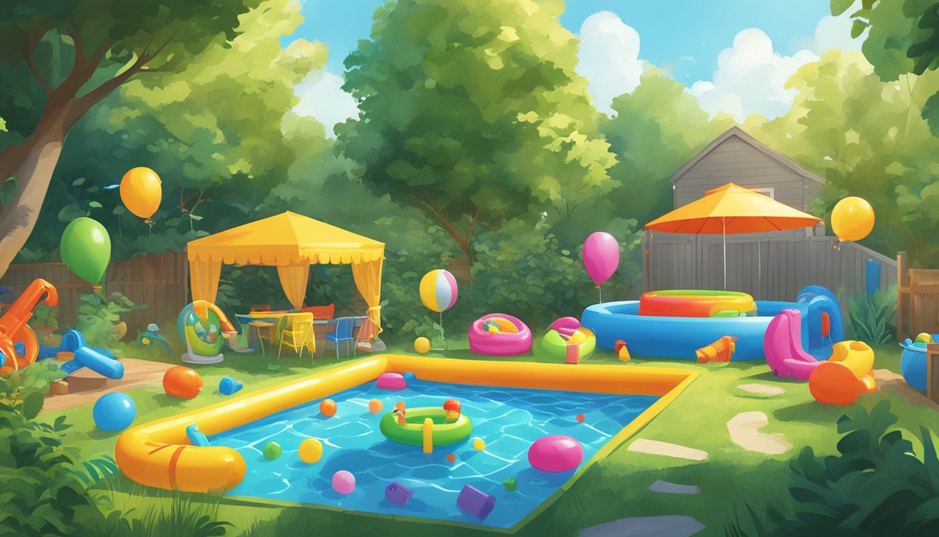 A backyard filled with colorful kiddie pools, water guns, and inflatable toys, surrounded by lush greenery and bright sunshine