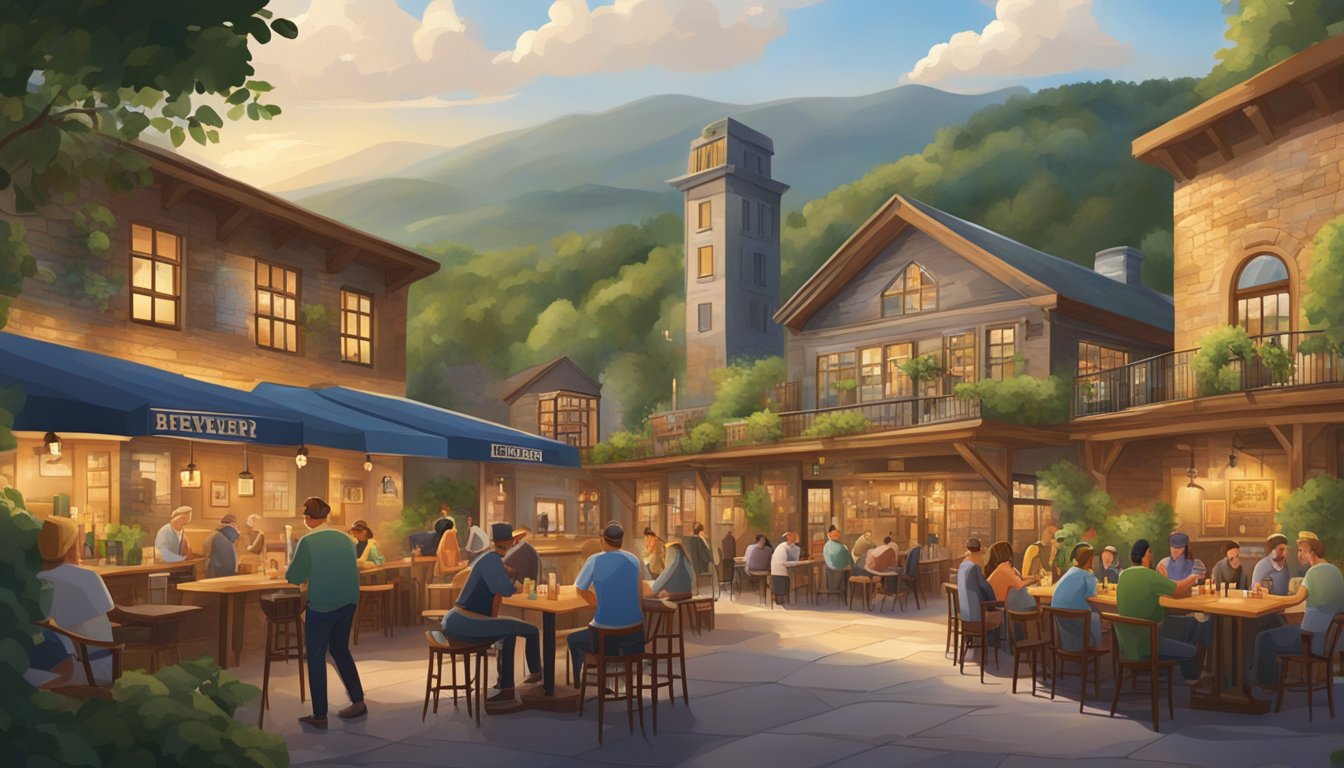 A bustling brewery scene with diverse architecture and outdoor seating, surrounded by rolling hills and lush greenery. Patrons enjoy craft beer in a lively, inviting atmosphere