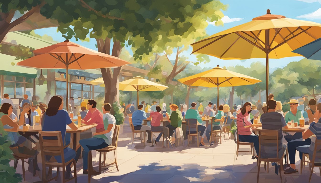 A sunny patio with colorful umbrellas, surrounded by lush greenery and filled with people enjoying craft beers at Escondido's local breweries